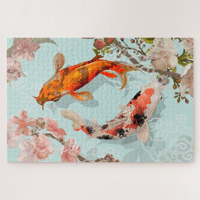 Japanese Koi Fish Pond | Flower Blossoms Jigsaw Puzzle (Horizontal)