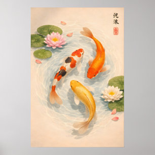 Japanese Koi Fish Pond Print, Zen Water Lily Poster