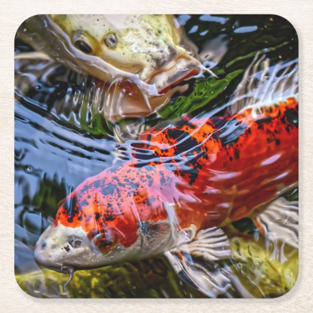 Japanese Koi Fish Pond Square Paper Coaster (Front)