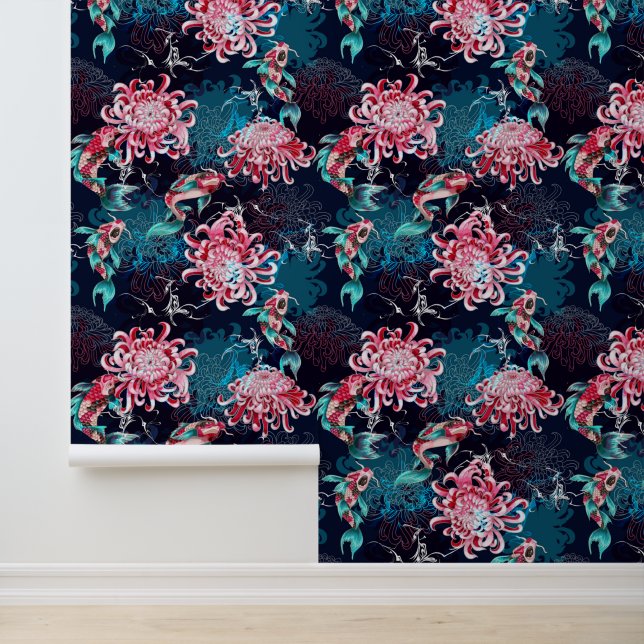 Japanese Koi Fish & Red Chrysanthemums Deep Teal Wallpaper (Application)