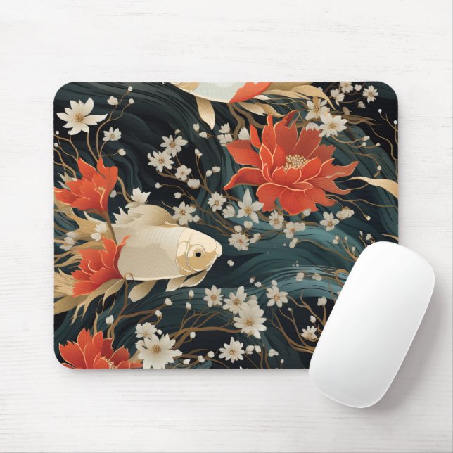 Japanese Koi Fish Seamless Pattern Mouse Pad (With Mouse)