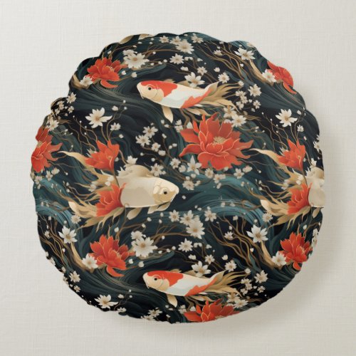 Japanese Koi Fish Seamless Pattern Round Pillow
