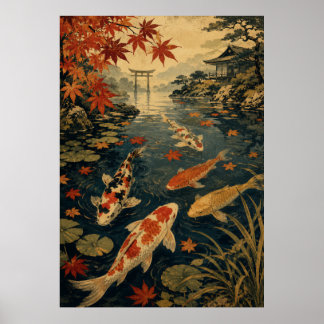 Japanese Koi Fish Wave Poster | Vintage Red Sun Wa
