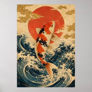 Japanese Koi Fish Wave Poster | Vintage Red Sun Wa