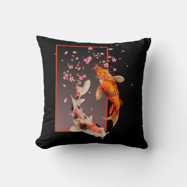 Japanese Koi Fishes and Flowers Throw Pillow (Front)