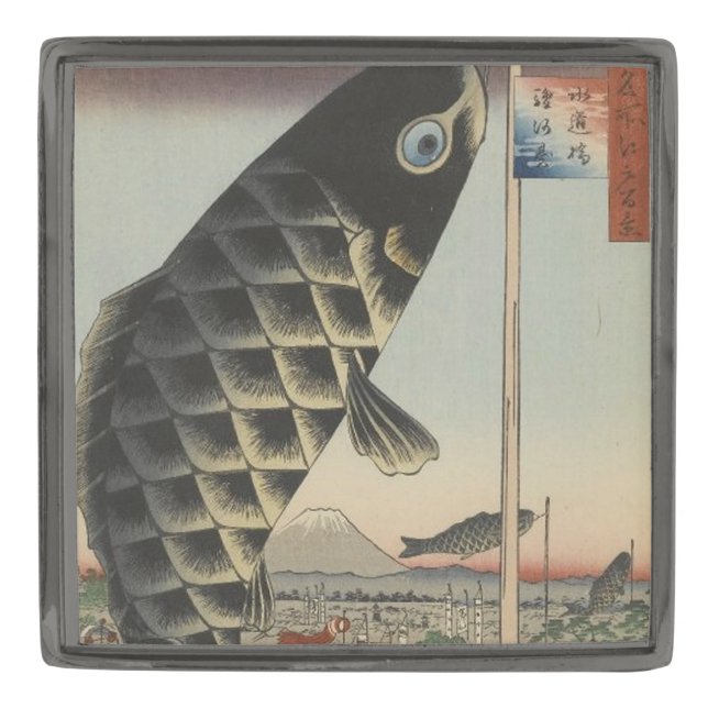 Japanese Koi Hiroshige Fish Festival Flag Gunmetal Finish Lapel Pin (Front)