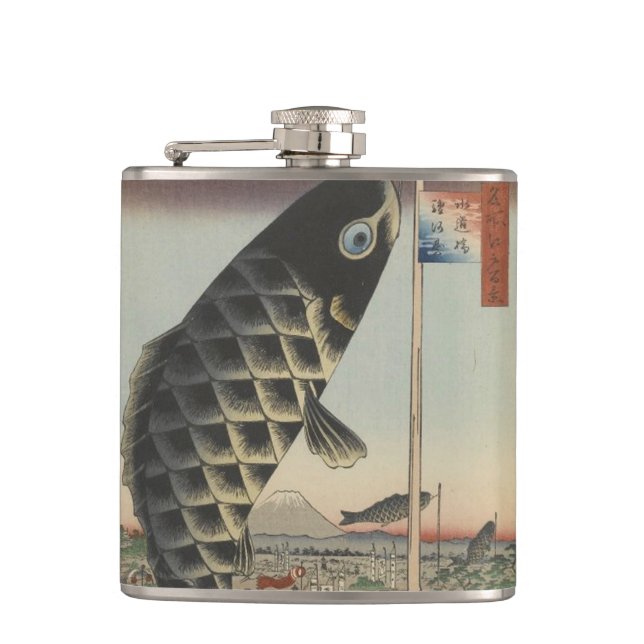 Japanese Koi Hiroshige Fish Festival Flag Hip Flask (Front)