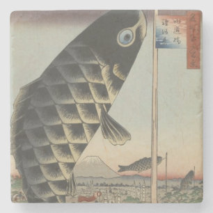 Japanese Koi Hiroshige Fish Festival Flag Stone Coaster