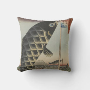 Japanese Koi Hiroshige Fish Festival Flag Throw Pillow