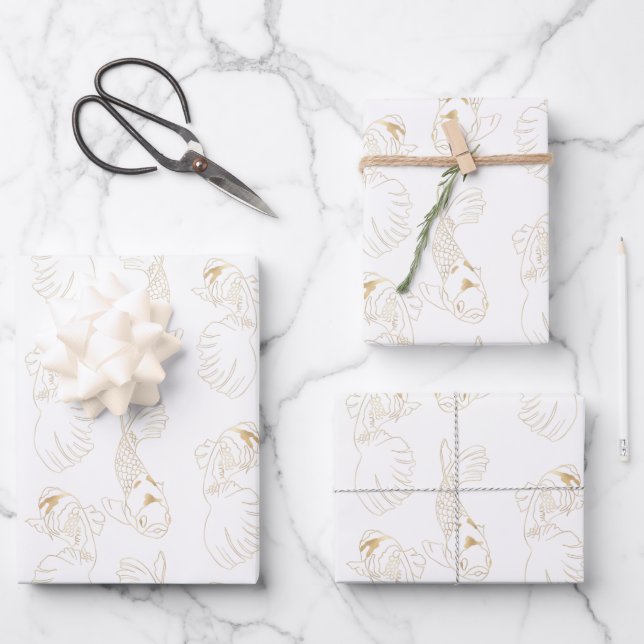 Japanese Koi In White and Gold  Wrapping Paper Sheets (Front)