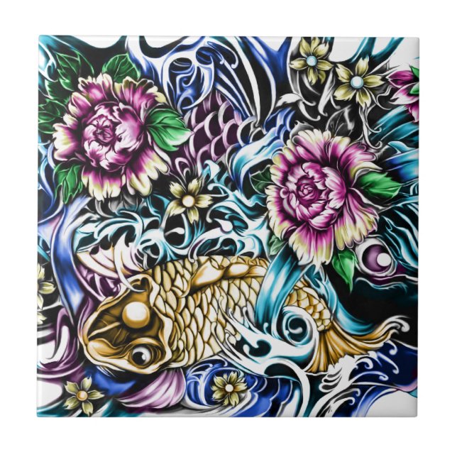 Japanese Koi Tattoo Design Products Ceramic Tile (Front)