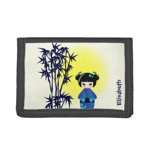 Japanese kokeshi doll at bamboo at sunrise name tri-fold wallet