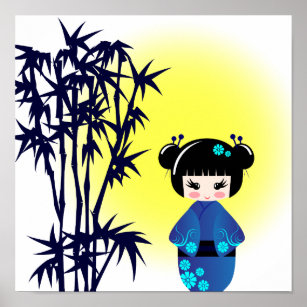 Japanese kokeshi doll at bamboo during sunrise poster