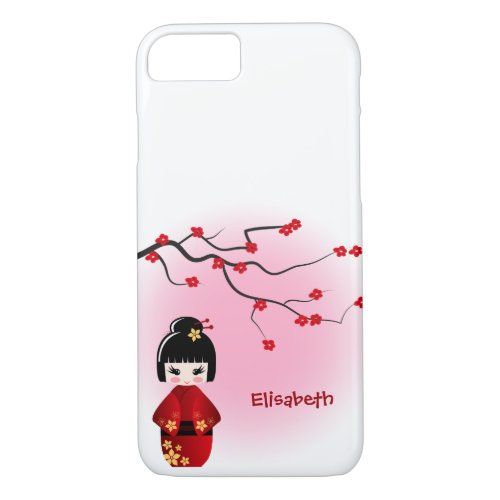 Japanese kokeshi doll at sakura blossoms iPhone 87 case