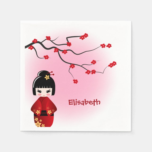 Japanese kokeshi doll at sakura blossoms girls paper napkins (Front)
