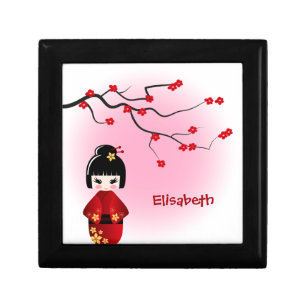 Japanese kokeshi doll at sakura blossoms keepsake box
