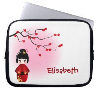 Japanese kokeshi doll at sakura blossoms laptop sleeve