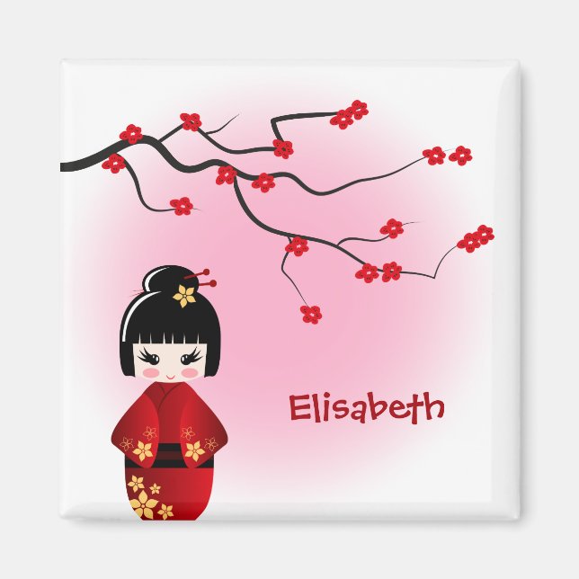Japanese kokeshi doll at sakura blossoms magnet (Front)