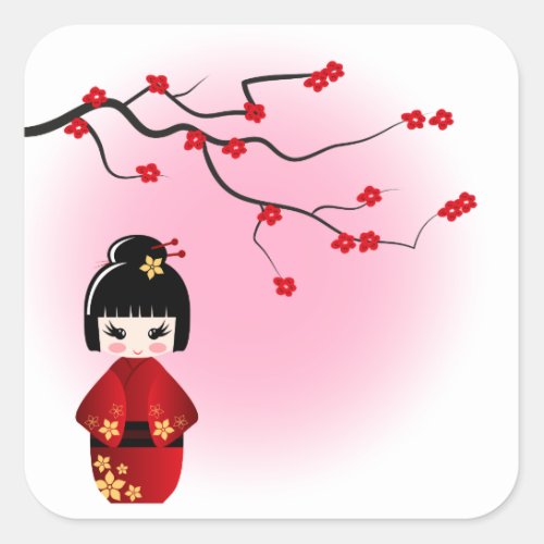 Japanese kokeshi doll at sakura blossoms square sticker