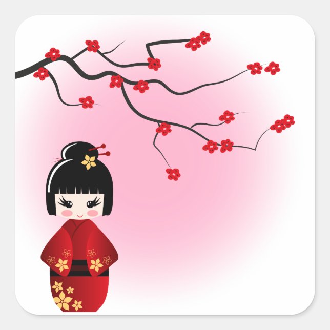 Japanese kokeshi doll at sakura blossoms square sticker (Front)
