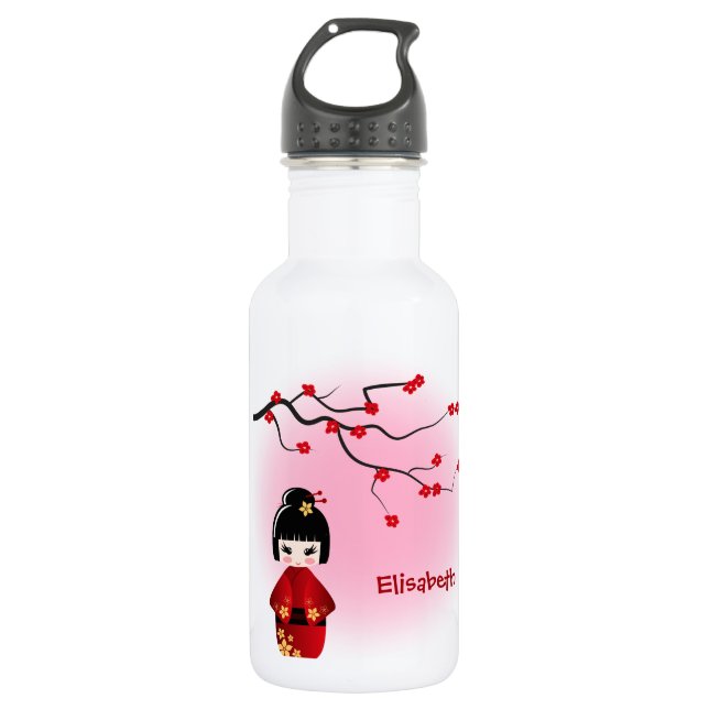 Japanese kokeshi doll at sakura blossoms stainless steel water bottle (Front)