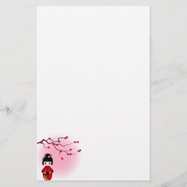 Japanese kokeshi doll at sakura blossoms stationery (Front)