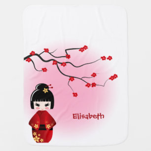 Japanese kokeshi doll at sakura name baby girl swaddle blanket