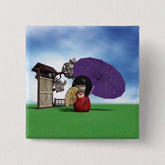 Japanese Kokeshi Doll Cherry Blossom Art Button (Front)