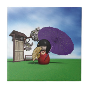 Japanese Kokeshi Doll Cherry Blossom Art Ceramic Tile