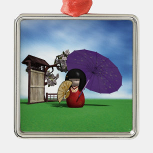 Japanese Kokeshi Doll Cherry Blossom Art Metal Ornament