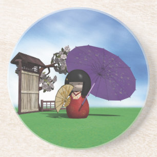 Japanese Kokeshi Doll Cherry Blossom Art Sandstone Coaster