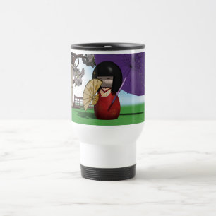 Japanese Kokeshi Doll Cherry Blossom Art Travel Mug