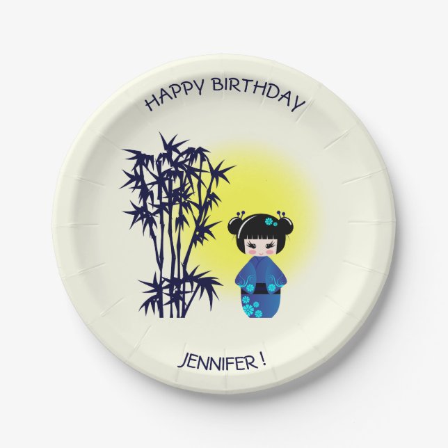 Japanese kokeshi doll during sunrise name girl paper plates (Front)
