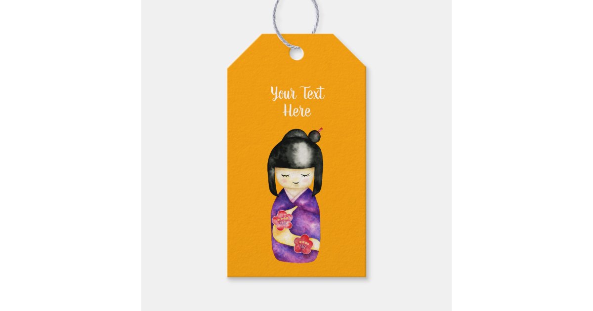 Japanese Kokeshi Doll Watercolor Painting Gift Tags Zazzle Com