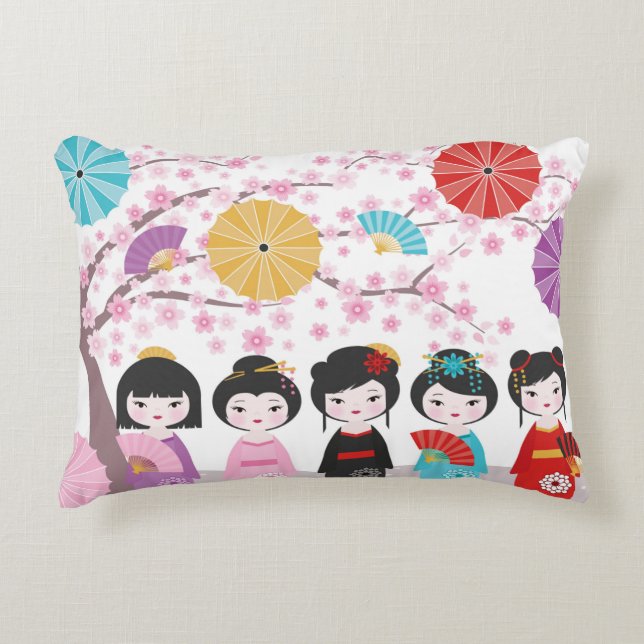 Japanese Kokeshi Dolls Accent Pillow (Front)