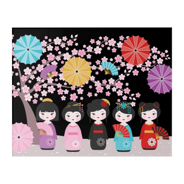 Japanese Kokeshi Dolls Black Acrylic Print (Front)