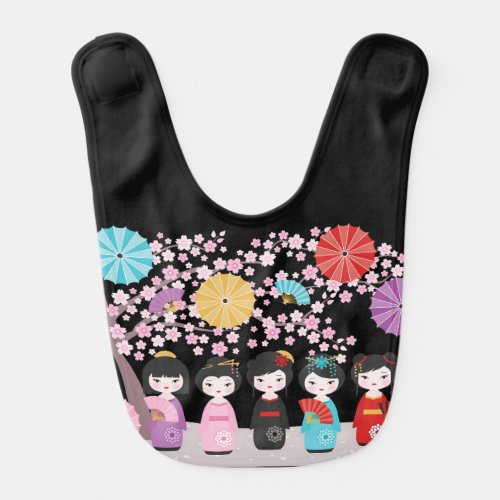 Japanese Kokeshi Dolls Black Baby Bib