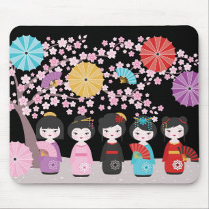 Japanese Kokeshi Dolls Black Mouse Pad