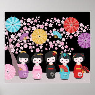 Japanese Kokeshi Dolls Black Poster