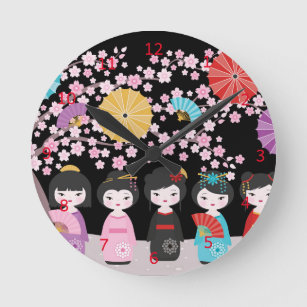 Japanese Kokeshi Dolls Black Round Clock