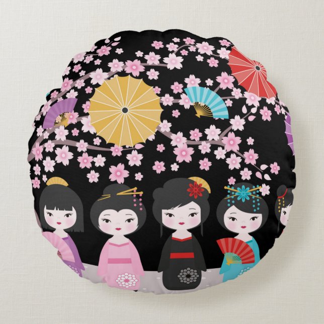 Japanese Kokeshi Dolls Black Round Pillow (Front)