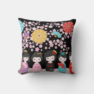 Japanese Kokeshi Dolls Black Throw Pillow