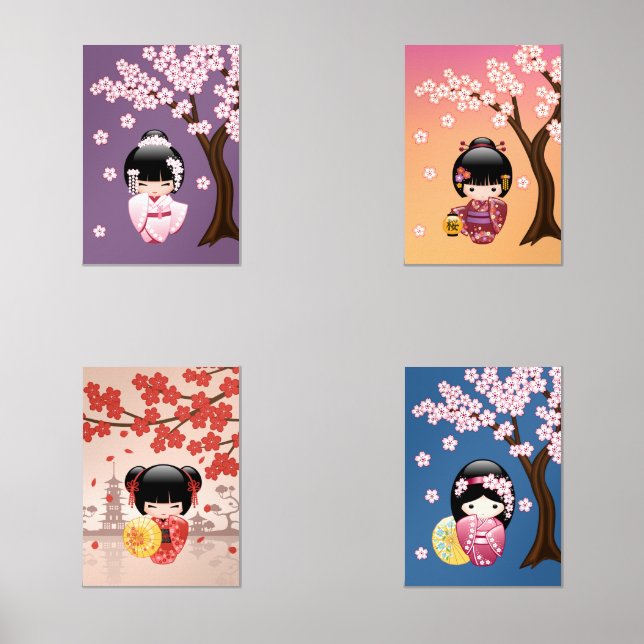 Japanese Kokeshi Dolls Blossoms Wall Art Sets (Front)