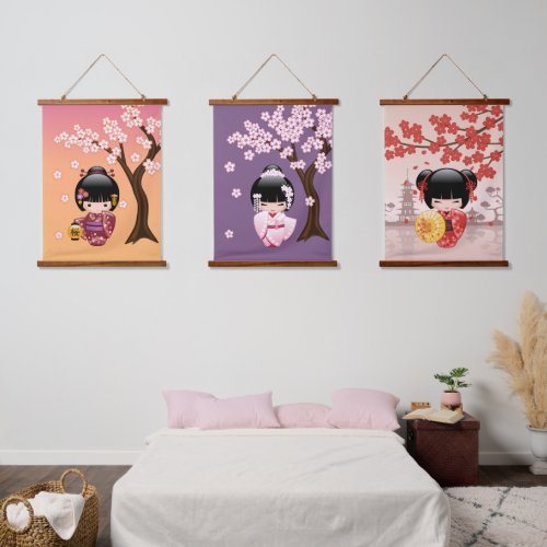 Japanese Kokeshi Dolls _ Geisha Girls Set of 3 Hanging Tapestry