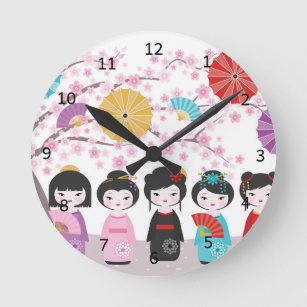 Japanese Kokeshi Dolls Round Clock