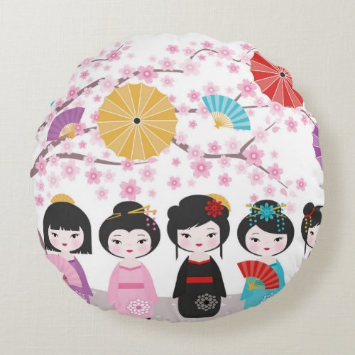 Japanese Kokeshi Dolls Round Pillow