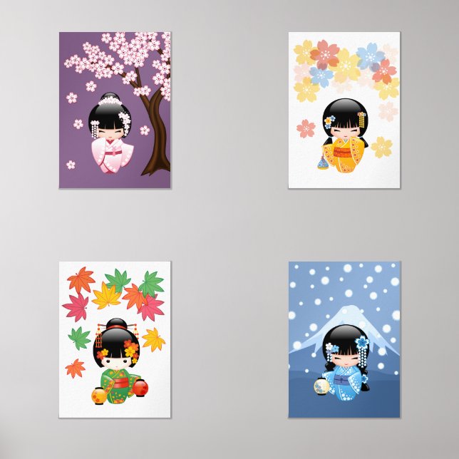 Japanese Kokeshi Dolls Seasons Wall Art Sets (Front)