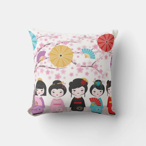 Japanese Kokeshi Dolls Throw Pillow