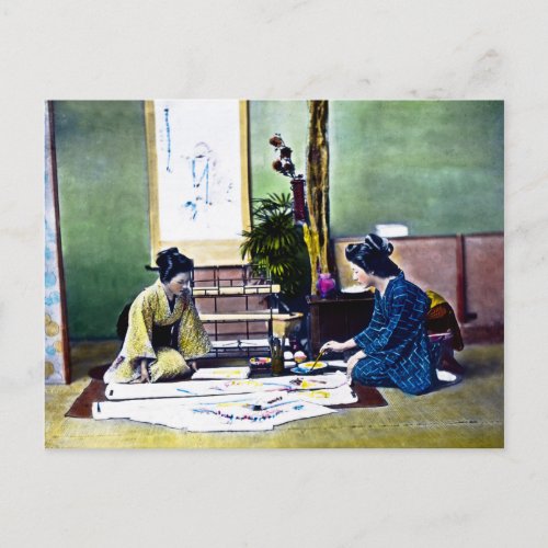 Japanese Ladies Painting a Kimono Traditional Postcard