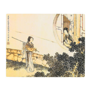 Japanese lady at moon window metal print